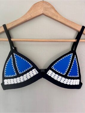 TRIANGL Blue White Crochet Neoprene Bikini Top XS Colorblock Swim